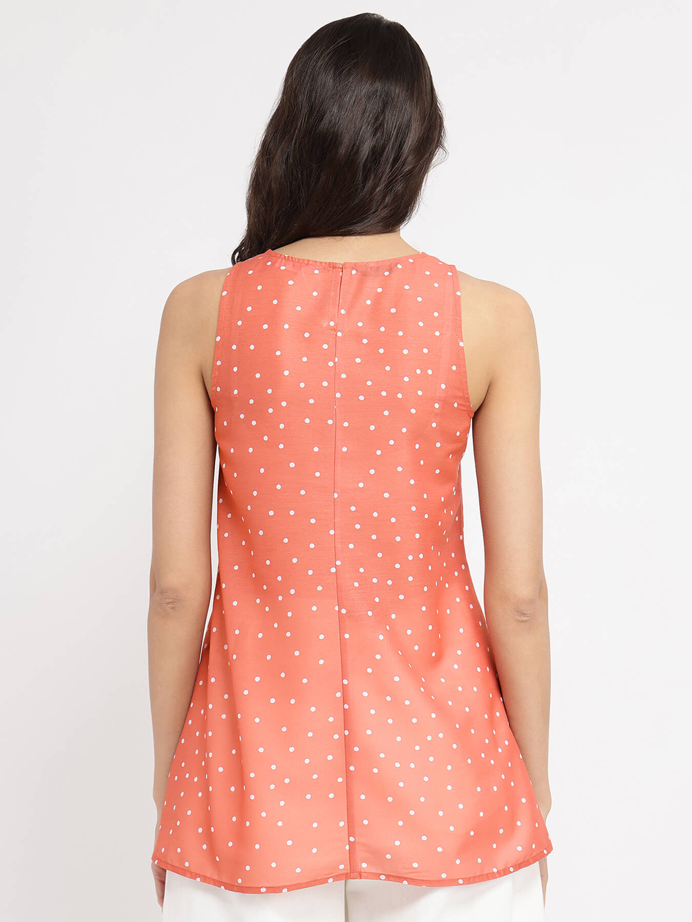 Polka Print Sleeveless Top - Peach & White