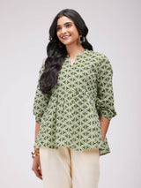 Cotton Geometric Gathered Top - Olive