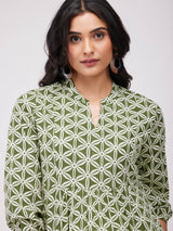 Cotton Geometric Gathered Top - Olive