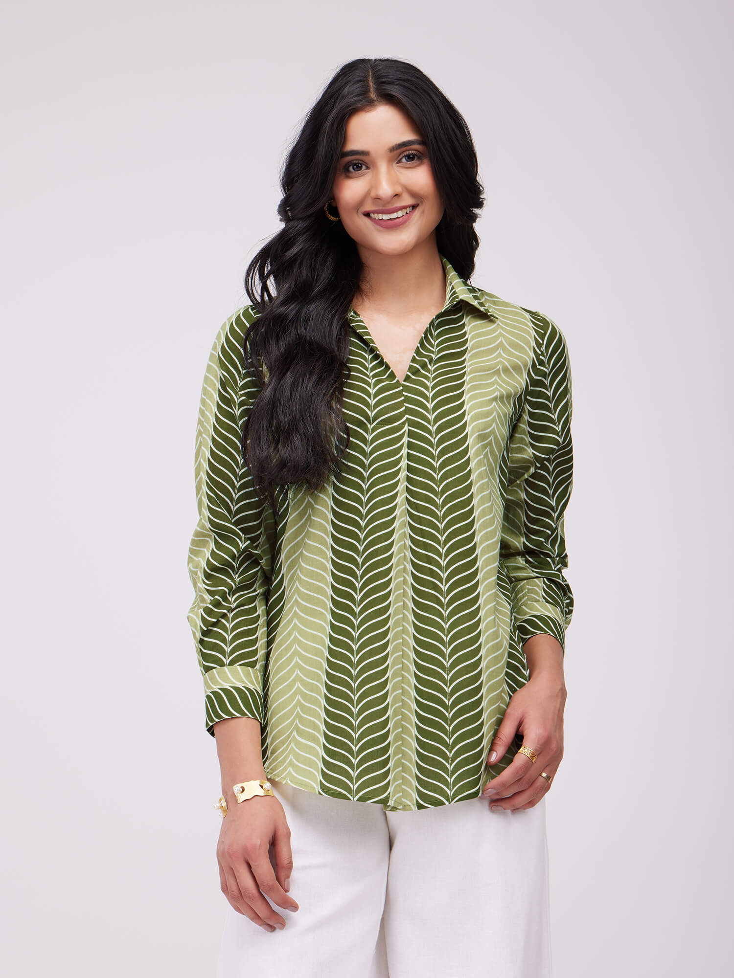 Cotton Leaf Striped Pleated Top - Olive