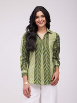 Cotton Leaf Striped Pleated Top - Olive