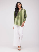 Cotton Leaf Striped Pleated Top - Olive