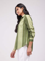 Cotton Leaf Striped Pleated Top - Olive