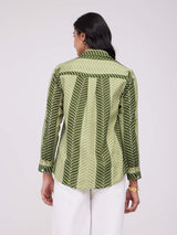 Cotton Leaf Striped Pleated Top - Olive