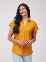 Cotton Solid Collared Top - Mustard