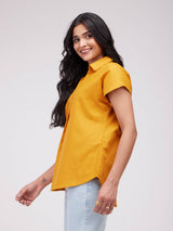 Cotton Solid Collared Top - Mustard