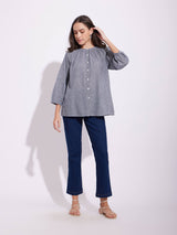 Cotton Checked Gathered Top - Navy Blue