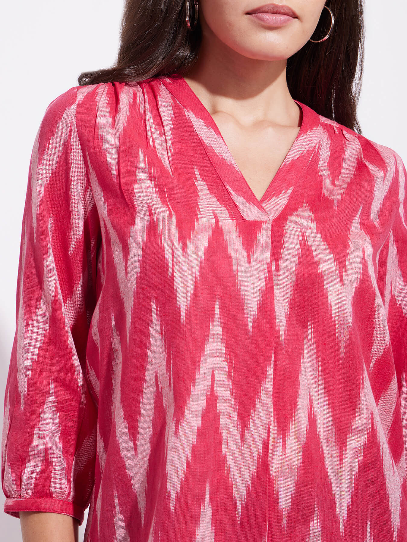 Cotton Ikat Front Pleated Top - Red