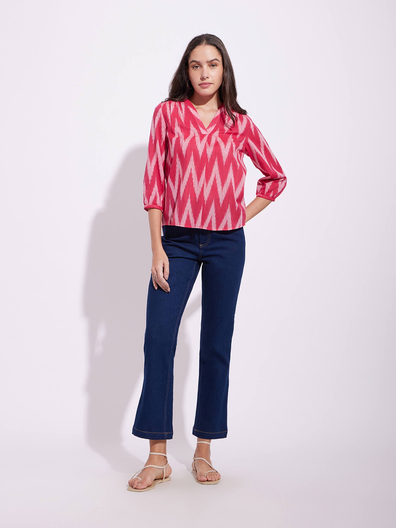 Cotton Ikat Front Pleated Top - Red