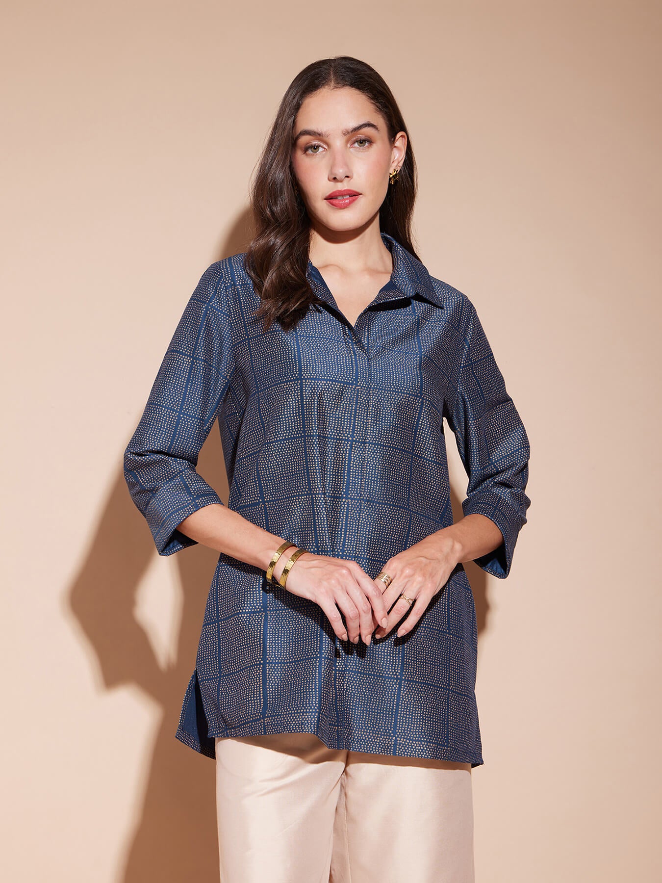 Viscose Geometric Khadi Print Shirt - Blue