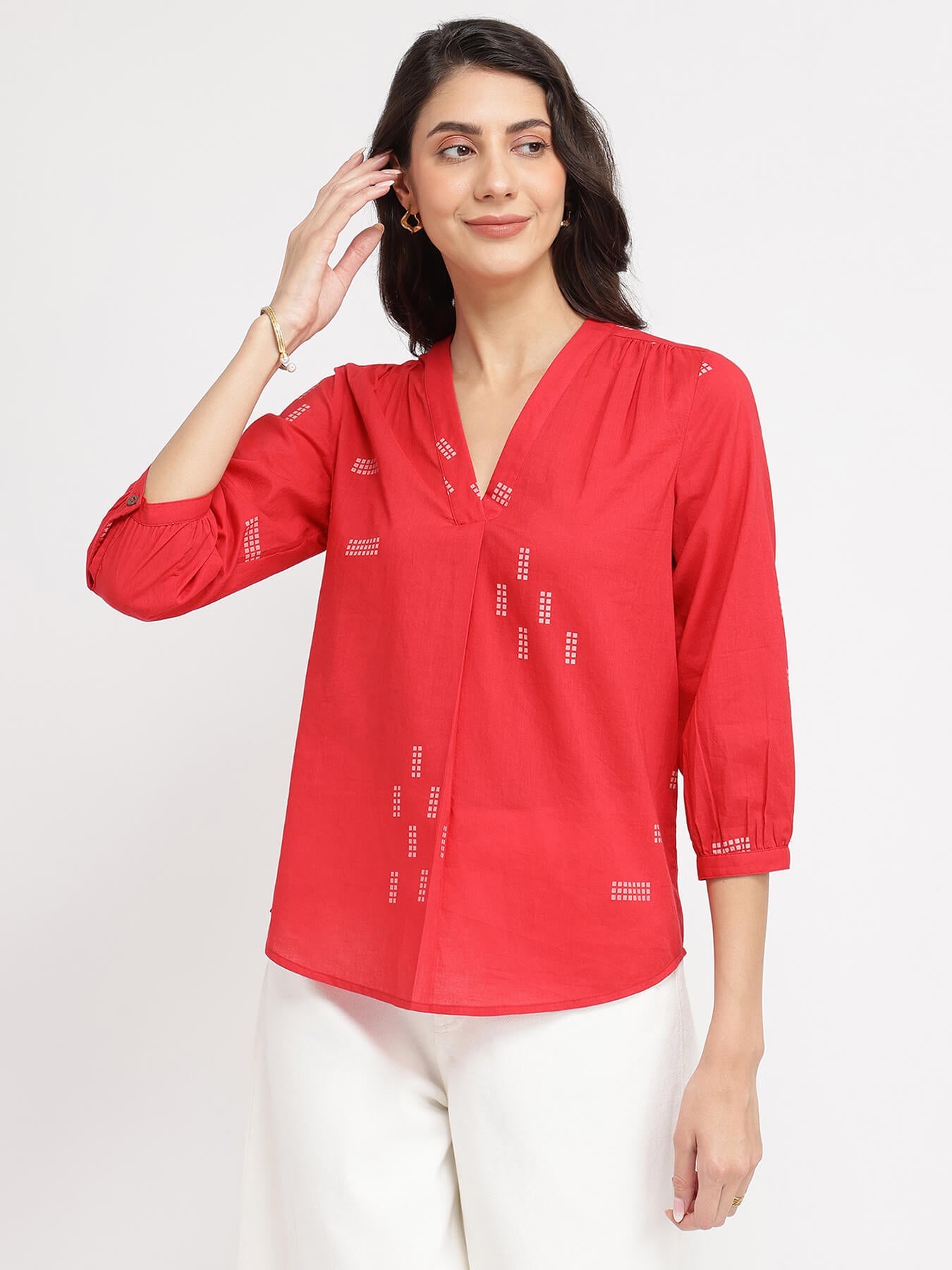 Cotton Geometric Print V-Neck Top - Red