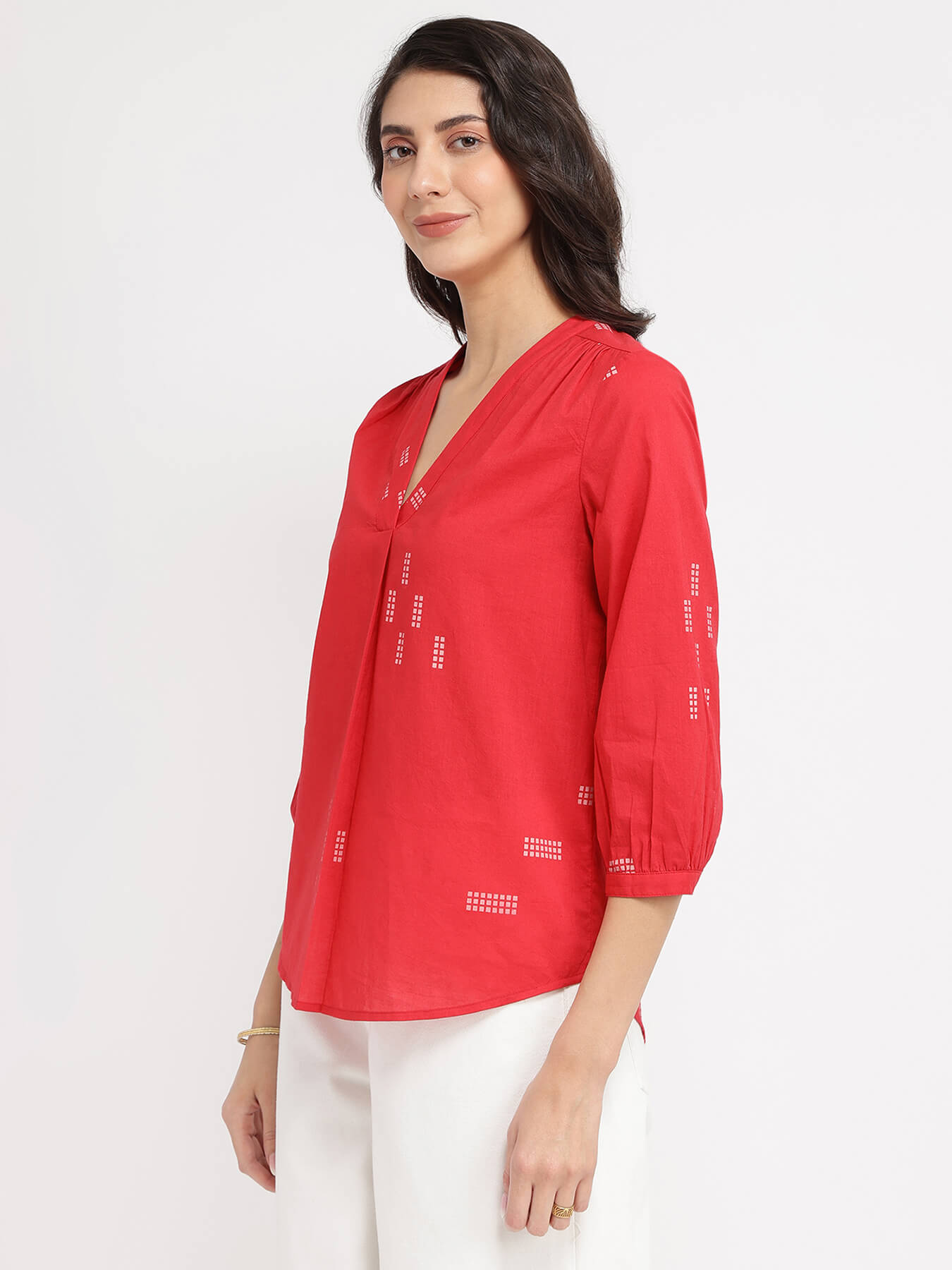 Cotton Geometric Print V-Neck Top - Red