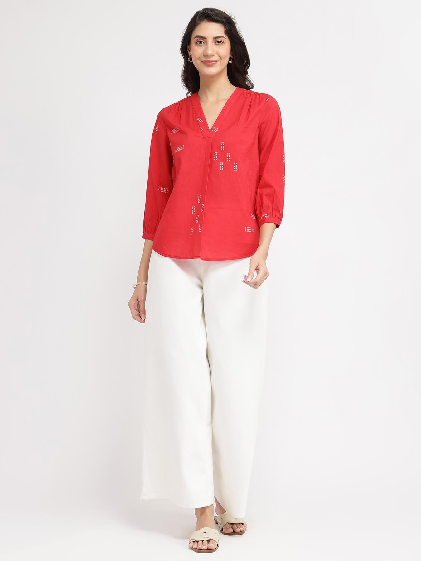 Cotton Geometric Print V-Neck Top - Red