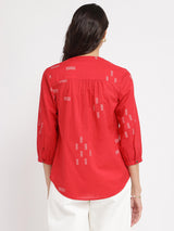 Cotton Geometric Print V-Neck Top - Red