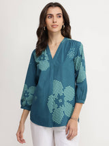 Cotton Floral V-Neck Top - Teal