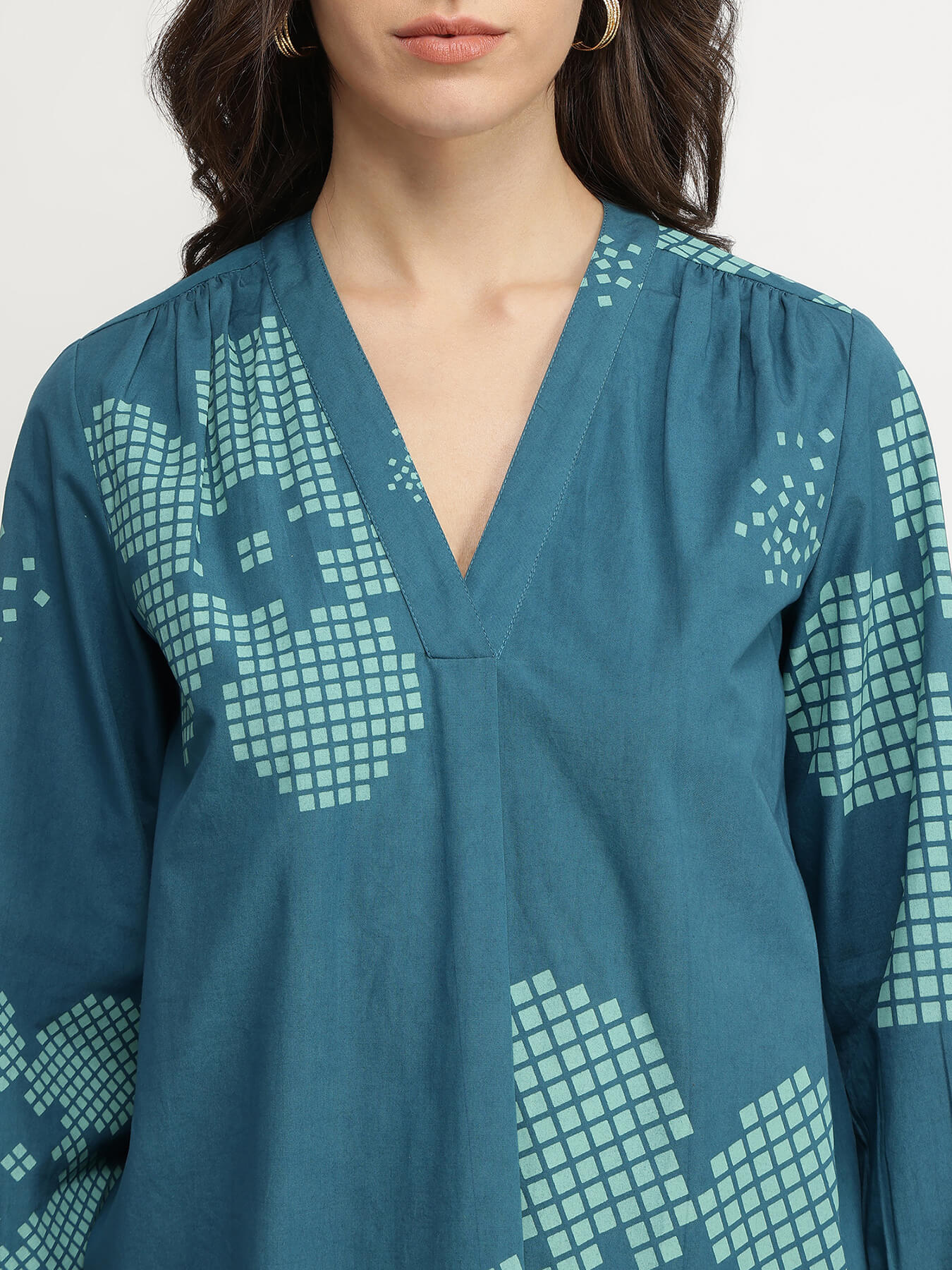 Cotton Floral V-Neck Top - Teal