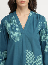 Cotton Floral V-Neck Top - Teal