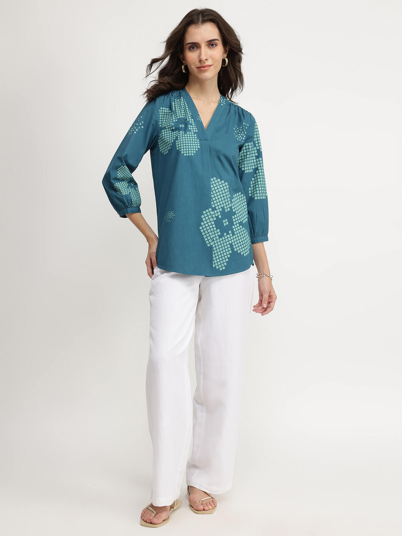 Cotton Floral V-Neck Top - Teal