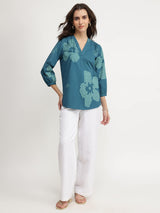 Cotton Floral V-Neck Top - Teal