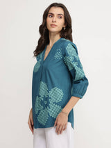 Cotton Floral V-Neck Top - Teal