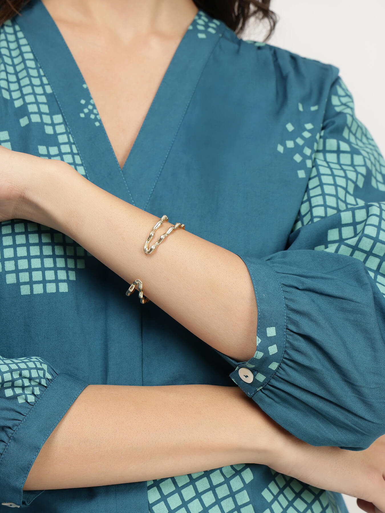 Cotton Floral V-Neck Top - Teal