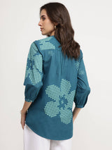 Cotton Floral V-Neck Top - Teal