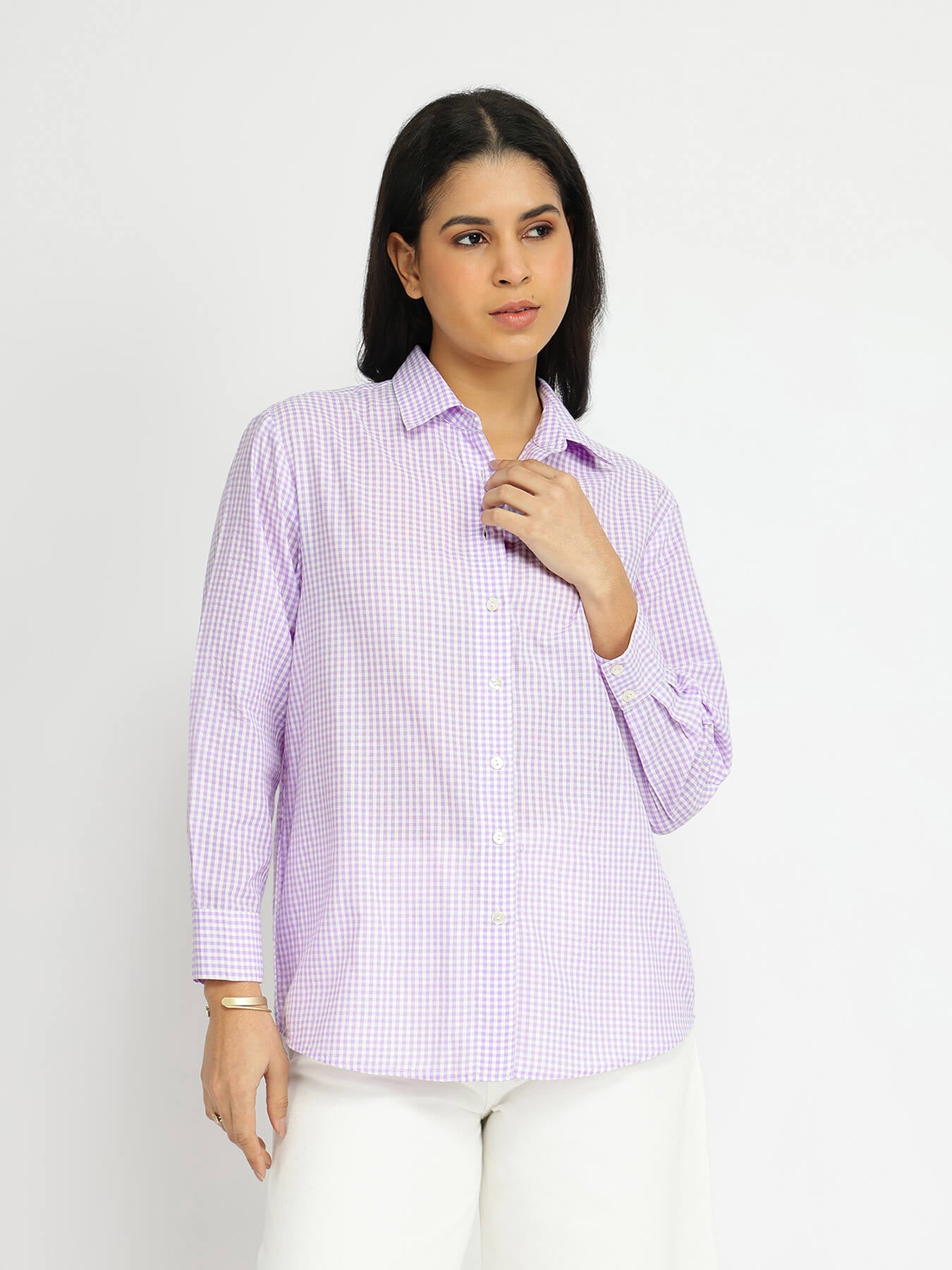Cotton Woven Design Checked Shirt - Lilac