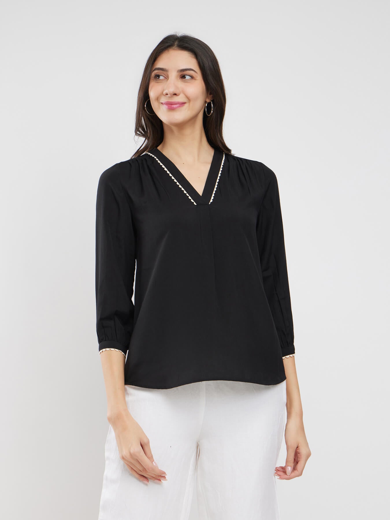 Rayon Solid Pleated V-Neck Top - Black