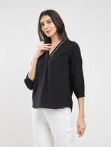 Rayon Solid Pleated V-Neck Top - Black