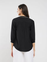 Rayon Solid Pleated V-Neck Top - Black