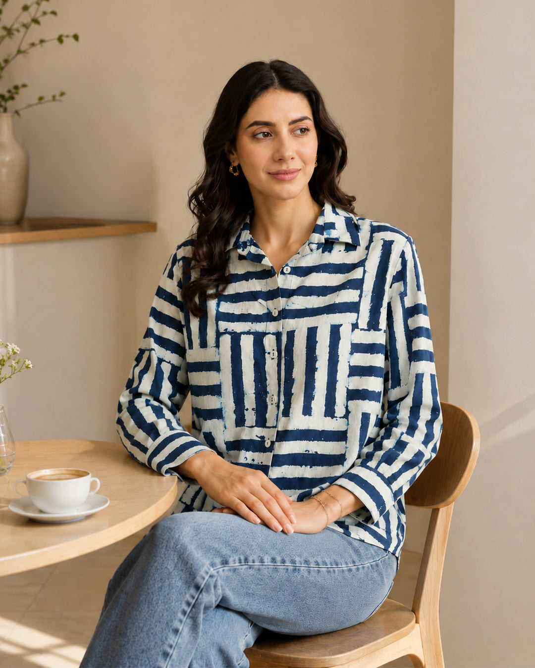 Cotton Geometric Dabu Print Shirt - Indigo