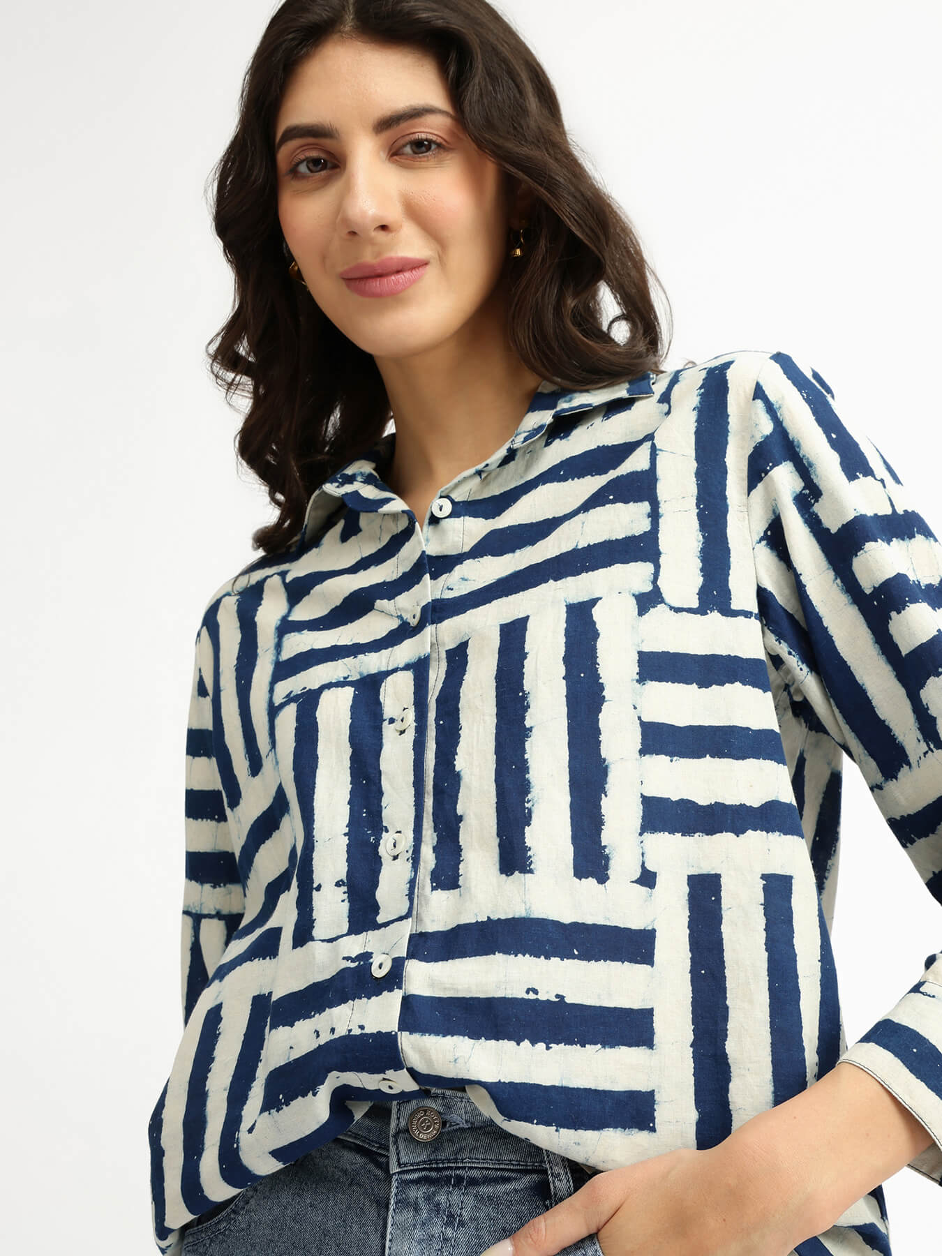 Cotton Dabu Geometric Print Shirt - Indigo