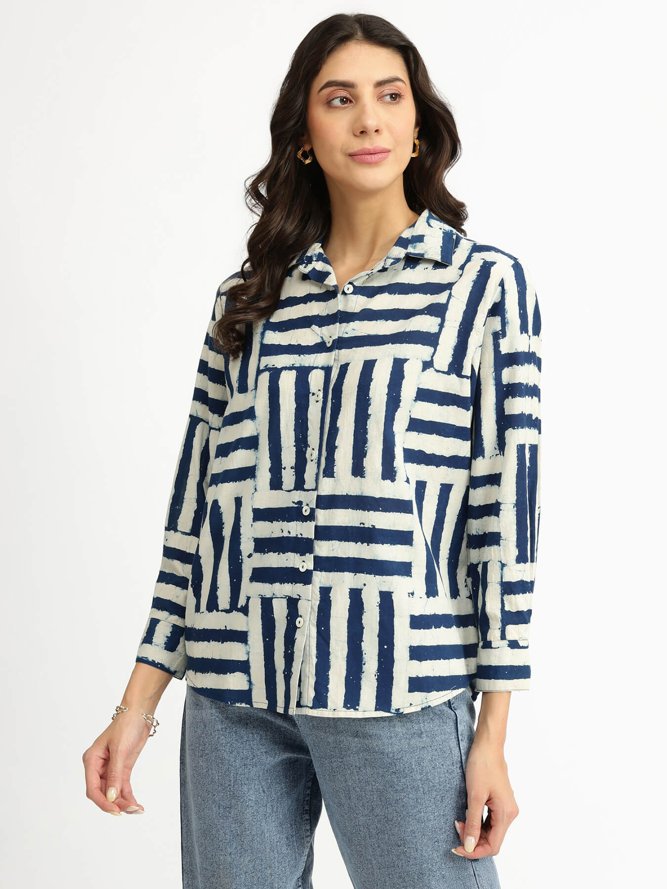 Cotton Dabu Geometric Print Shirt - Indigo
