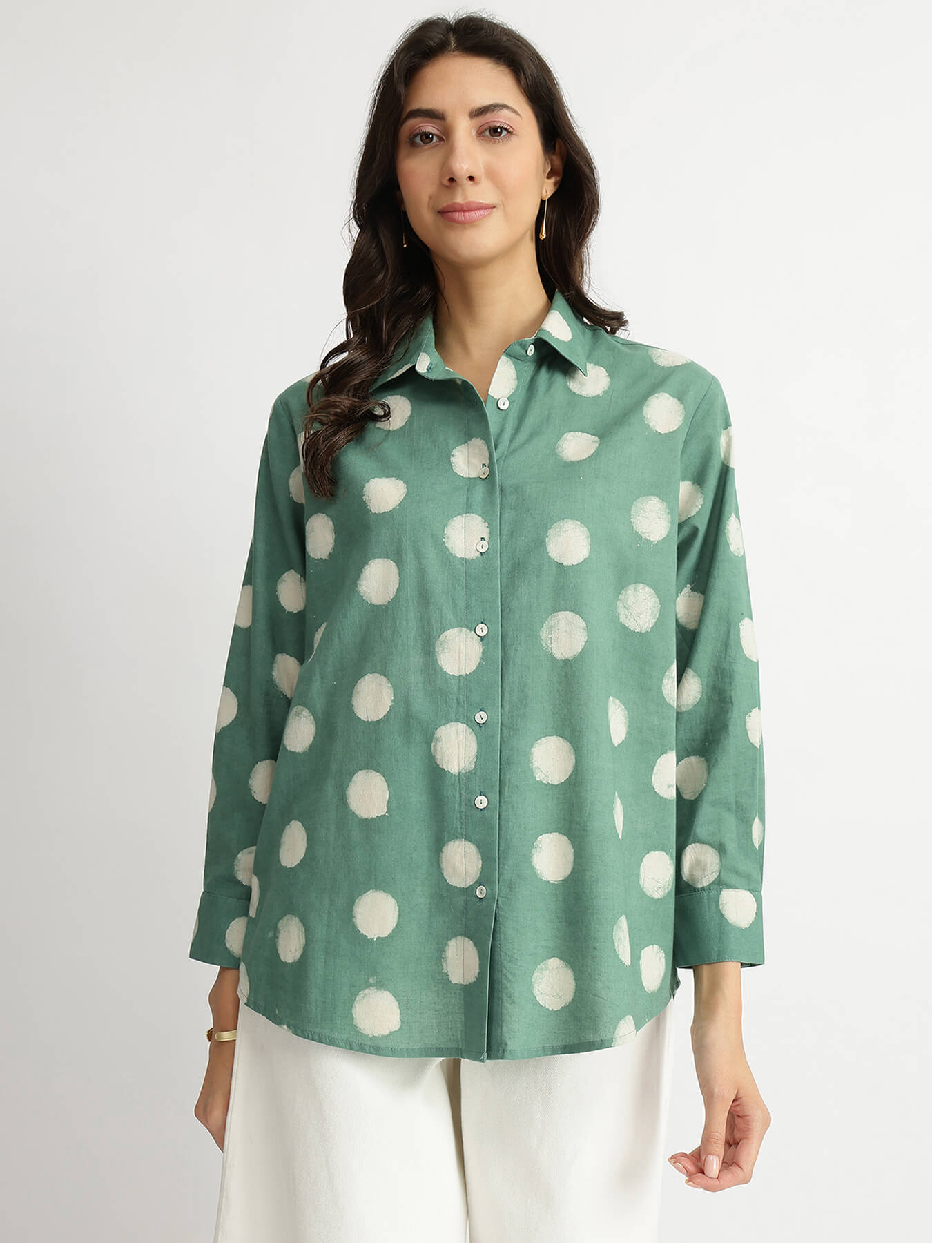 Cotton Dabu Polka Print Shirt - Green