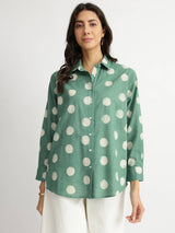 Cotton Dabu Polka Print Shirt - Green
