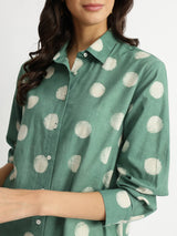Cotton Dabu Polka Print Shirt - Green