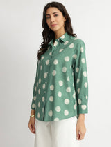 Cotton Dabu Polka Print Shirt - Green