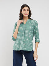 Cotton Dabu Polka Pleated Top - Green