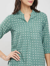 Cotton Dabu Polka Pleated Top - Green