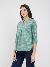 Cotton Dabu Polka Pleated Top - Green