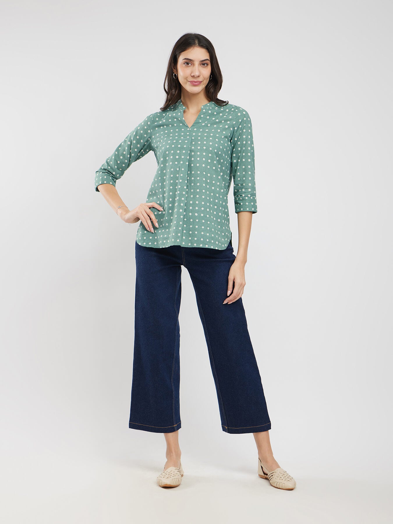 Cotton Dabu Polka Pleated Top - Green
