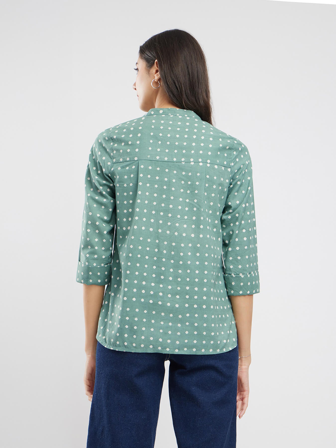 Cotton Dabu Polka Pleated Top - Green