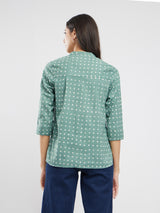 Cotton Dabu Polka Pleated Top - Green