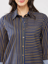 Cotton Striped Relaxed Shirt - Navy Blue