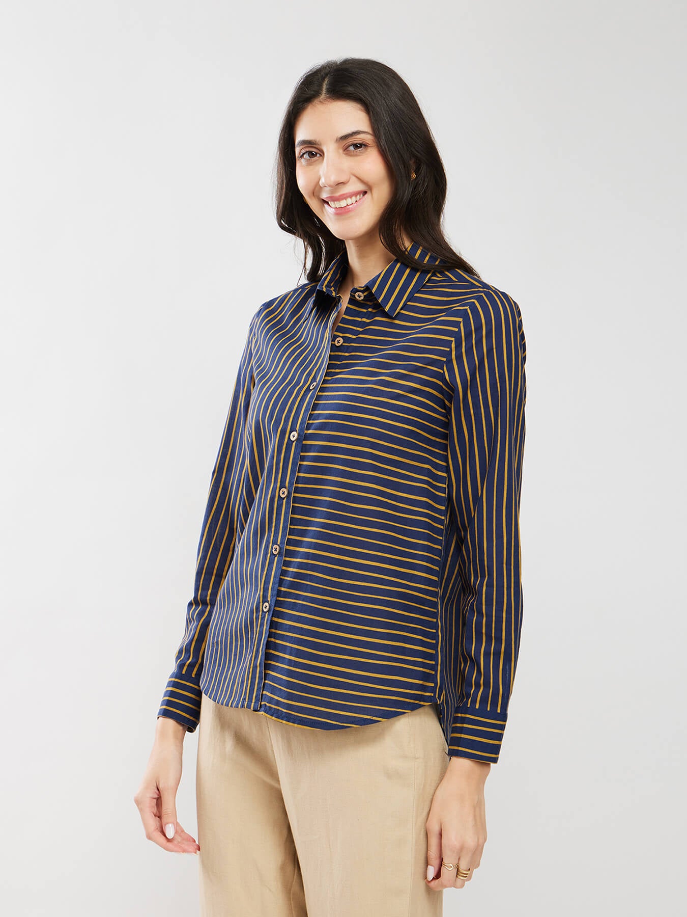 Cotton Striped Relaxed Shirt - Navy Blue