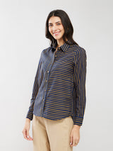 Cotton Striped Relaxed Shirt - Navy Blue