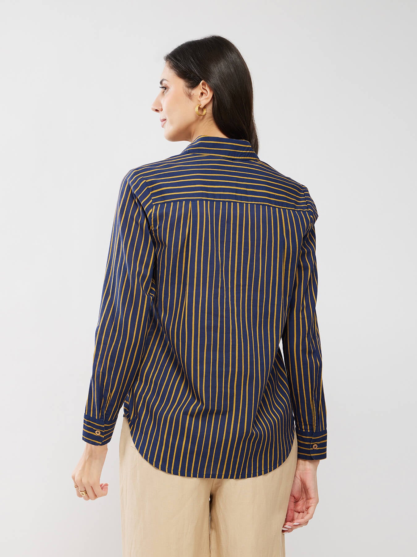 Cotton Striped Relaxed Shirt - Navy Blue