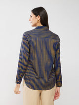 Cotton Striped Relaxed Shirt - Navy Blue