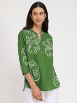 Cotton Bandhani Floral Pleated Top - Green