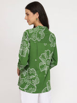 Cotton Bandhani Floral Pleated Top - Green